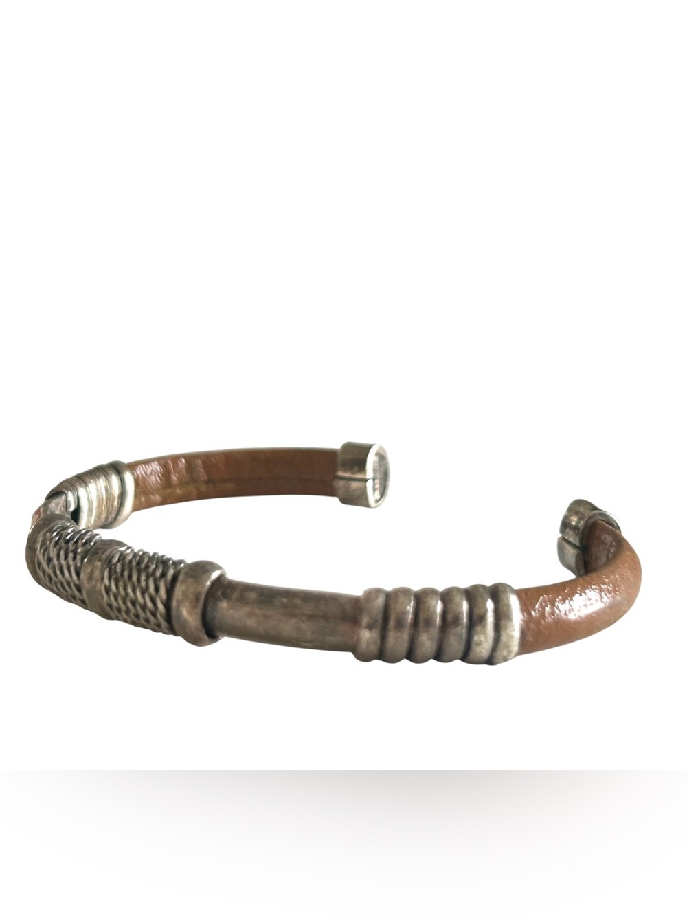 Mexico Sterling Silver 925 Brown Leather Open Cuff Bracelet TV-??